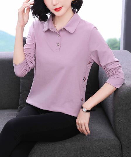 2026 새로운 엄마 봄 가을 기본 셔츠 폴로 칼라 긴팔 티셔츠 빅 사이즈 중노년 가을 의상 순면 여성 맨위