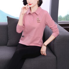 批发2026年新款<b class='q'>春</b>秋名族风翻领女士polo衫T恤女长袖纯棉有领宽松上衣