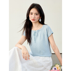 批发实拍镂空冰丝针织短袖T恤女2026夏季新款设计感系带方领短款