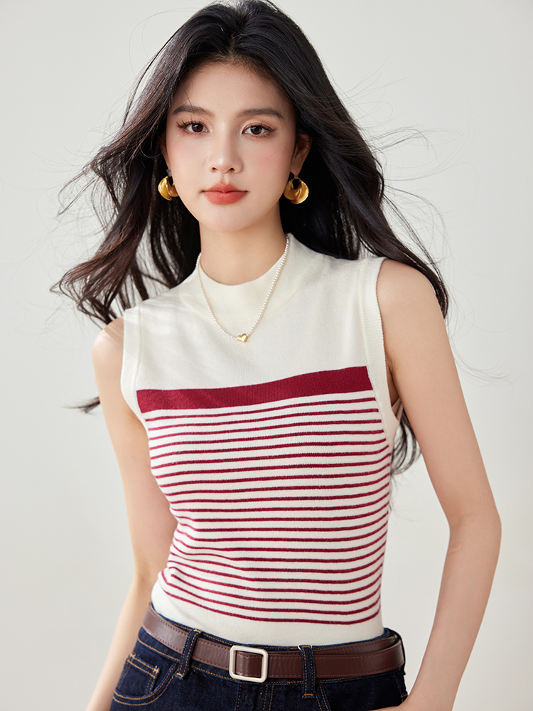 실사 봄 여름 새로운 니트 스웨터 여성 작은 샤넬 스타일 스트라이프 민소매 조끼 몸매 가꾸기 슬림해 보이는 쇼트 스타일 기본 셔츠
