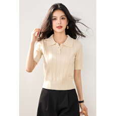 批发实拍纯色polo衫针织短袖t恤女夏季冰丝<b class='q'>韩版</b>短款显瘦翻领翻领上衣