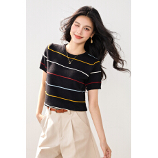 批发实拍新款春夏短袖<b class='q'>针织衫</b>女<b class='q'>条纹</b>圆领薄款韩版短款小个子显瘦T恤女