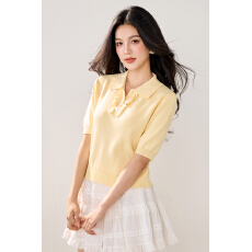 批发实拍新款春夏短袖<b class='q'>针织衫</b>女小香风木耳边Polo领甜美纯色<b class='q'>薄款</b>短款女