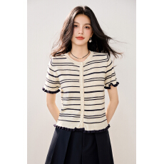 批发实拍新款夏冰丝针织衫女条纹短袖开衫外搭木耳边小香风短款小外套