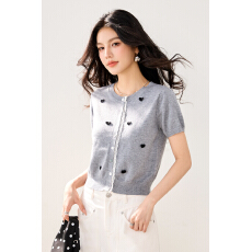 批发实拍新款春夏短袖<b class='q'>开衫</b><b class='q'>针织衫</b>外搭爱心蕾丝花边韩版撞色小外套T恤