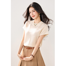 批发实拍新款春夏短袖冰丝针织衫女纯色圆领套头韩版百搭短款小款T恤