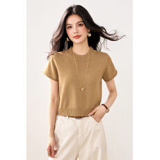 批发实拍春夏新款短袖冰丝针织衫女套头圆领纯色韩版短款小款薄款T恤