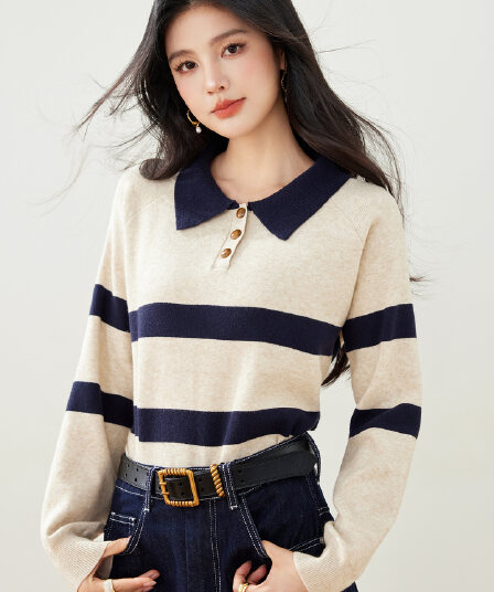 실사 가을 새로운 스트라이프 니트 스웨터 여성 POLO 칼라 긴팔 폴로 칼라 배색 한국 스타일 풀오버 짧은 여성