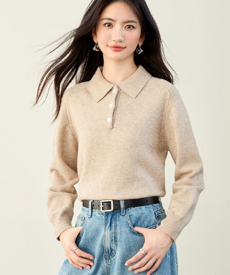 실사 가을 겨울 두꺼운 스타일 니트 스웨터 여성 POLO 칼라 단색 긴팔 풀오버 쇼트 스타일 폴로 칼라 니트 스웨터 여자