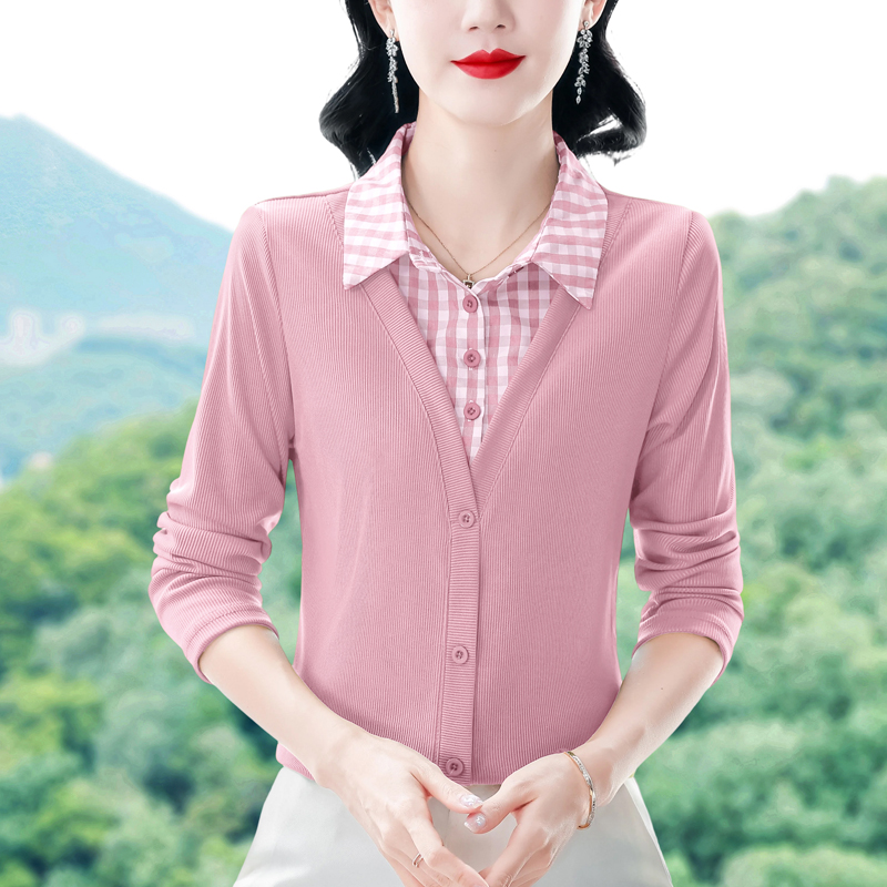 2026 봄 폴로 칼라 연령 감소 다용도 고유 한 체크무늬 칼라 셔츠 고급 센스 슬림해 보이는 패치워크 그리드 페이크 레이어드