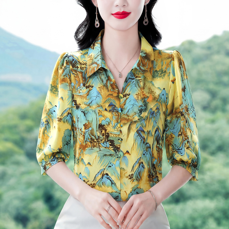 품격 우아함 패션 꽃무늬 셔츠 여성 여름 새로운 엄마 루즈핏 슬림해 보이는 표지 배 소매 작은 셔츠