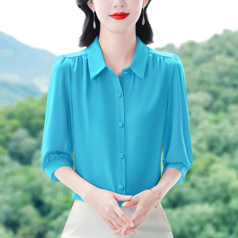 실사 단색 기본 셔츠 여성 캐주얼 다용도 품격 연령 감소 7부 소매 한국 스타일 셔츠