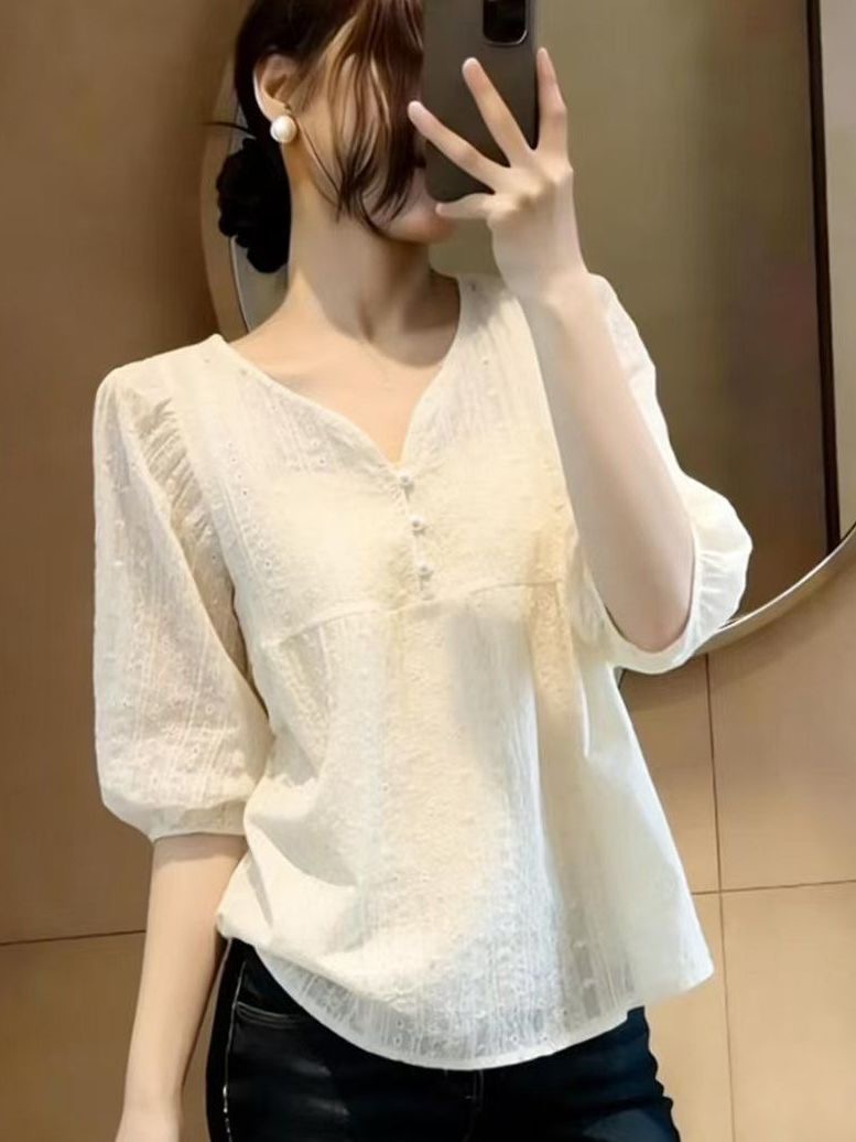 품격 V넥 거품 소매 여성 셔츠 여름 루즈핏 슬림해 보이는 디자인 센스 작은 대중 연령 감소 맨위