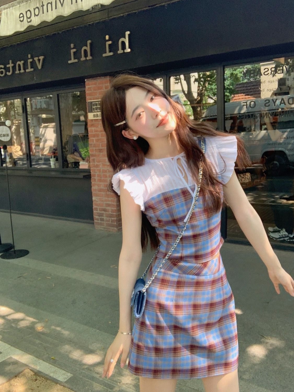 FA21144# 法式甜美小飞袖连衣裙套装女夏新款气质格纹衬衫+包臀半身裙短裙 服裝批發女裝批發服飾貨源