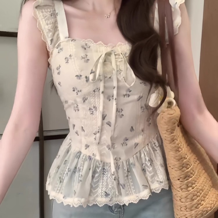 MY11468# 蕾丝拼接荷叶边提花小飞袖夏季新款森系甜美温柔风背心女女裝貨源服裝批發