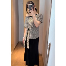 批发原版多乐棉<b class='q'>不规则</b>斜肩撞色条纹短袖T恤女小个子收腰绑带上衣