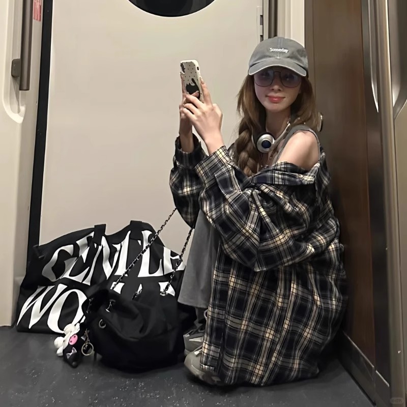 MY11647# 复古藏青色格子衬衫外套女休闲宽松防晒衬衣设计感上衣女裝貨源服裝批發