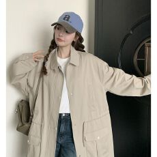 批发卡其色高级感工装宽松长款风衣女<b class='q'>春</b>秋新款休闲显瘦学院风流行外套