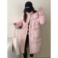 批发白鸭绒 粉色中长款过膝连帽羽绒服女韩版宽松保暖加厚外套