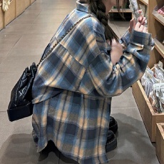 批发磨毛港风蓝格子衬衫外搭女秋季设计感小众外套小个子<b class='q'>长袖</b>上衣