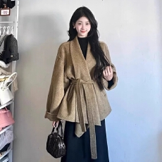 批发原版质量新款<b class='q'>韩版</b>中长款小个子羊毛大衣女浴袍款系带收腰毛呢外套
