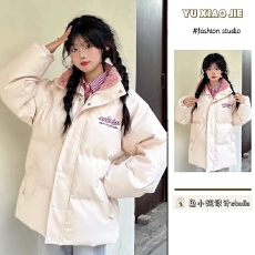 批发甜美可爱字母印花立领pu皮撞色棉服<b class='q'>女</b>冬季新款学生宽松保暖面包服