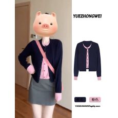 批发撞色假两件学院风针织开衫女2025早秋季<b class='q'>新款</b>修身短款毛衣外套上衣