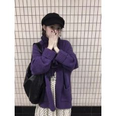 批发复古软糯紫色V领毛衣开衫外套女2025秋季<b class='q'>新款</b>宽松慵懒风针织上衣