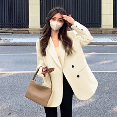 批发奶白色西装外套女2025春秋韩系双排扣小众百搭休闲oversize<b class='q'>西服</b>潮