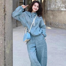 批发原版做工薄款连帽拉链休闲长袖防晒抽绳松紧罩衫长裤两件套女运动