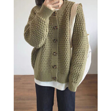 批发复古<b class='q'>圆领</b>毛衣<b class='q'>开衫</b>女秋冬宽松慵懒风外穿日系软糯温柔风<b class='q'>针织</b>衫外套