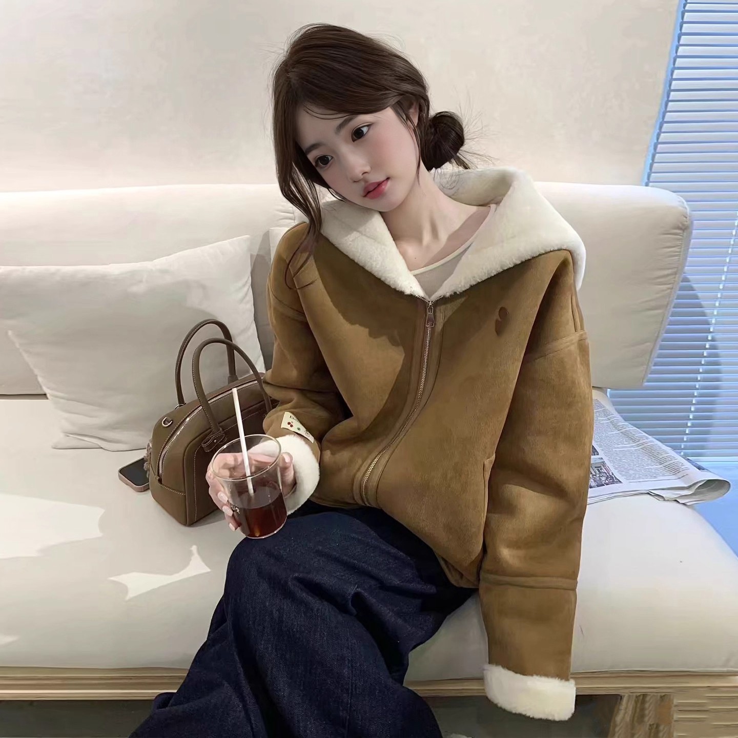 麂皮绒羊羔毛外套女冬2025新款韩系休闲宽松皮毛一体加厚毛毛上衣