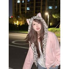 批发美式甜酷2025新款兔耳豹纹连帽短款棉服加厚保暖拉链外套潮