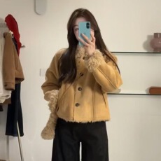 批发复古加绒加厚麂皮棉衣<b class='q'>外套女</b>冬季2025新款小个子翻领保暖短款上衣