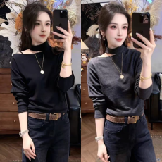 欧货设计感露肩挂脖时尚洋气百搭长袖T恤女气质显瘦休闲打底上衣