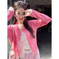 批发粉色假两件长袖针织开衫外套女秋冬季外搭小个子软糯撞色上衣