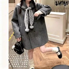 批发有围巾韩系小香风灰色毛呢外套女装冬季2025新款小个子大衣