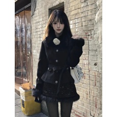 批发富家千金高级感法式气质加厚显瘦黑色毛领外套半身裙两件套装女冬