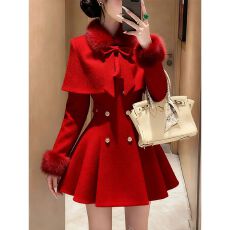 批发小香风红色披肩斗篷外套女冬季2025新款气质收腰显瘦连衣裙两件套