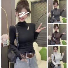 批发半高领蕾丝钉珠长袖上衣女2025秋冬新款加绒设计感百搭打底衫