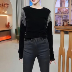 批发别致设计感时尚秋冬T恤高级感重工流苏拼接丝绒气质圆领长袖上衣