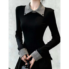 批发官图<b class='q'>特价</b>260克螺纹磨毛长袖t恤打底衫春秋薄女纯色假两件翻领上衣