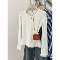 批发实拍白色蕾丝花边拼接下摆<b class='q'>长袖</b>T恤女秋冬修身韩版德绒<b class='q'>打底衫</b>上衣