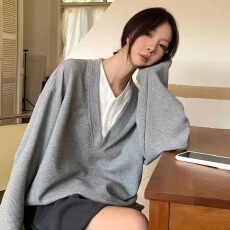 批发华夫格 灰色假两件V领针织衫2026春季卫衣宽松华夫格长袖上衣外套