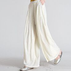 批发韩版高腰宽松肌理感刺绣阔腿裤<b class='q'>202</b>6夏季垂感拖地杏色休闲裤