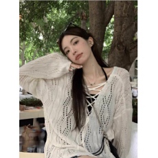 批发白色镂空抽绳绑带v领防晒针织衫女夏季早<b class='q'>秋</b>冰丝薄款空调罩衫上衣