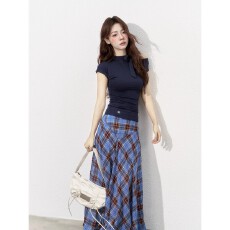 批发格纹开叉设计半身裙女2026年夏季新款高腰<b class='q'>显瘦</b>气质长裙