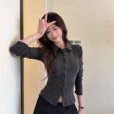 批发310克山羊绒长袖t恤打底衫女春秋纯色开衫新款衬衫领上衣