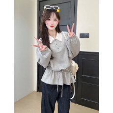 批发空气层250克薄款<b class='q'>卫衣</b>女春秋新款抽绳刺绣宽松Polo领上衣