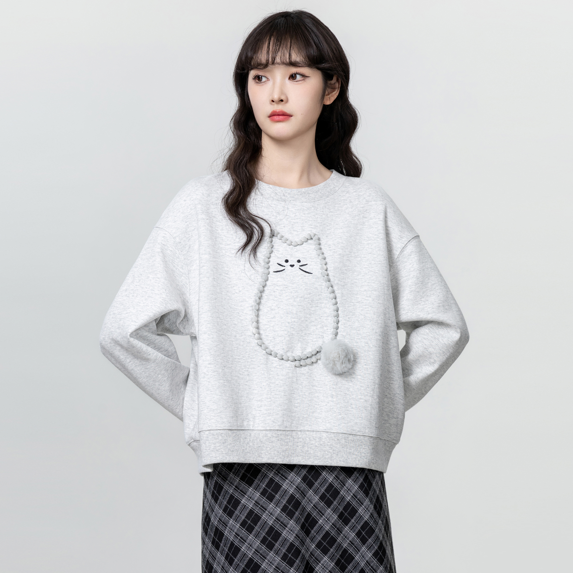 경관 그림 순수한 Mianhua 면 복합 우유 실크 320 그램 후드티 여성 얇은 스타일 가을 새로운 라운드 넥 긴팔 티셔츠 맨위